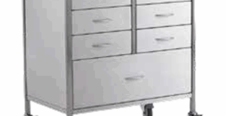 Cărucior medical inox cu 7 sertare, cadru robust și mobilitate pe roți pivotante